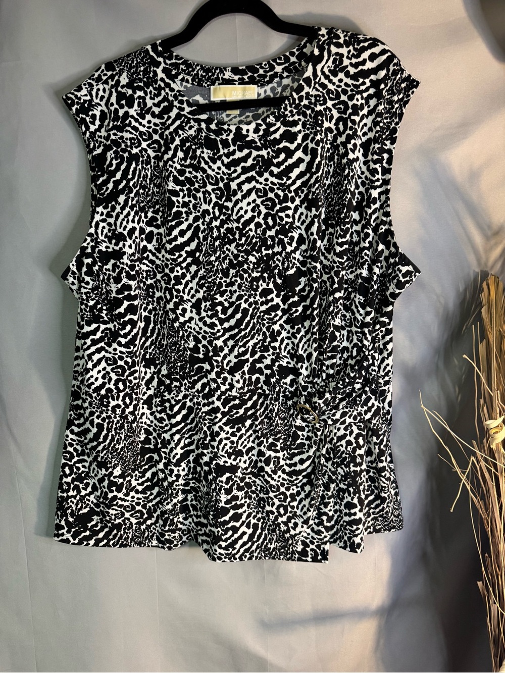 Michael Kors Black and White Animal-Print Sleeveless Blouse